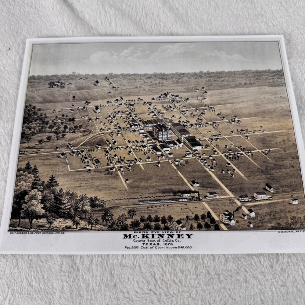 McKinney Texas 1876 Bird's Eye View Historic Map Poster Vintage Style 10x8